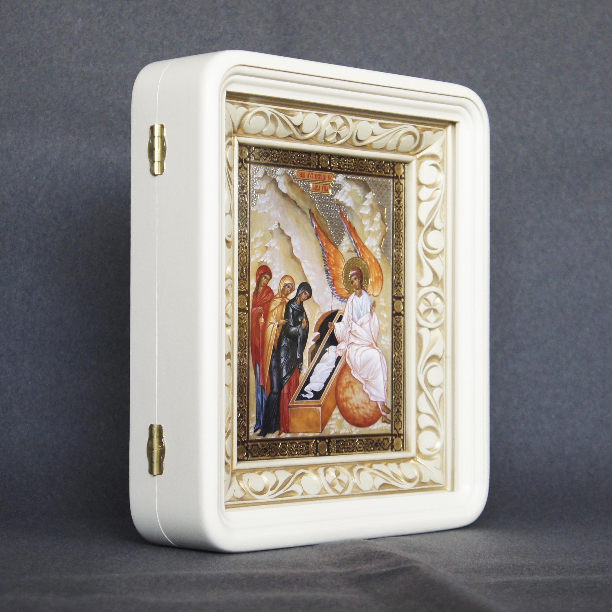 Киот под икону 17*21, с резьбой (белый, эмаль, патина)