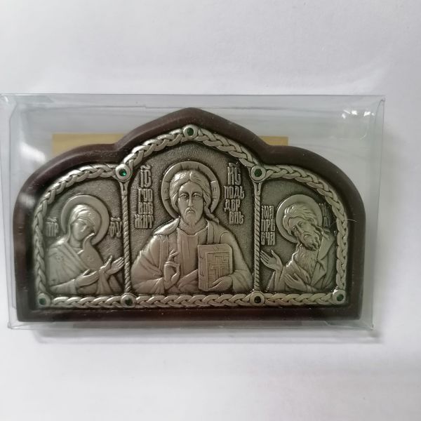 Икона в авто тройная серебро, стразы  Щ