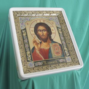 Киот под икону 33*40, с басмой (белый, эмаль, патина)